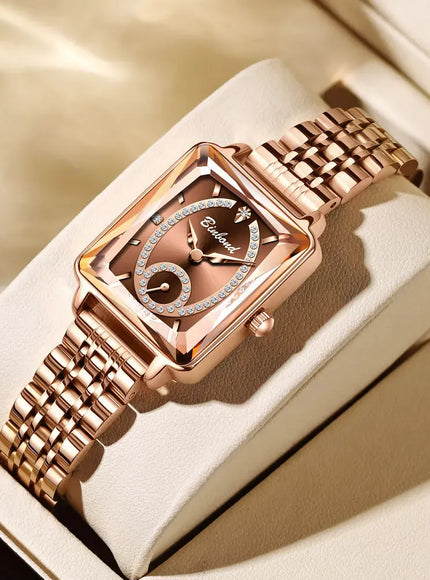 KissICON Coffee Luxury Women Square Steel Quartz Wristwatch - Waterproof
