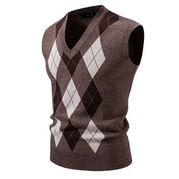 KissICON Coffee / M Mens Argyle Knit Vest Stylish Slim Fit Pullover