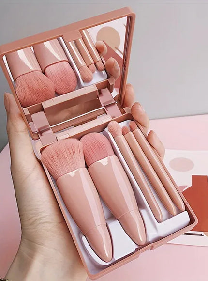 KissICON Coffee Pink 5Pcs Makeup Brush Set With Mirror Foldable Travel