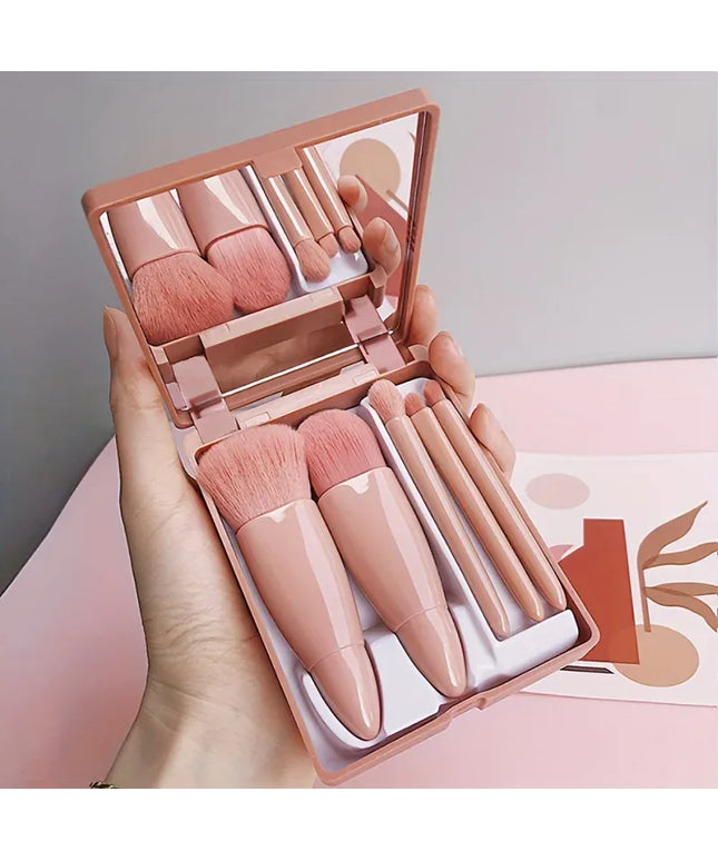 KissICON Coffee Pink 5Pcs Makeup Brush Set With Mirror Foldable Travel