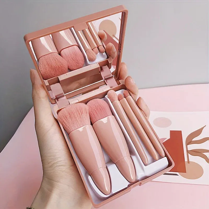 KissICON Coffee Pink 5Pcs Makeup Brush Set With Mirror Foldable Travel