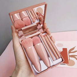 KissICON Coffee Pink 5Pcs Makeup Brush Set With Mirror Foldable Travel