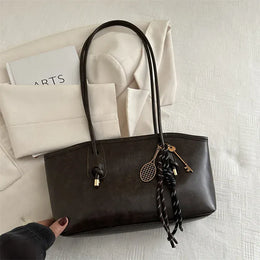Dropshipman Coffee ribbon / 28x7x18cm European American Retro Tote Bag, Korean Fashion Shoulder Bags Advanced Simple Handbag New Large Capacity Pendant Versatile Bags