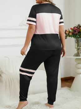 jkthpu-45 ColorBlocked Pajama Set Cozy Tshirt  Pants for Women