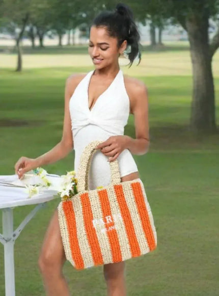 KissICON Colorful Striped Hand-woven Letter Embroidery Handbag