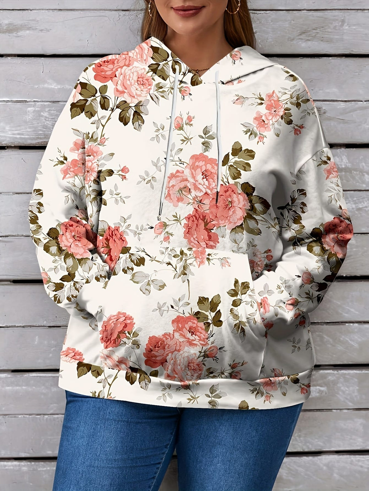 jkthpu-45 Comfortable Floral Knit Hoodie for Plus Size Women | KissICON