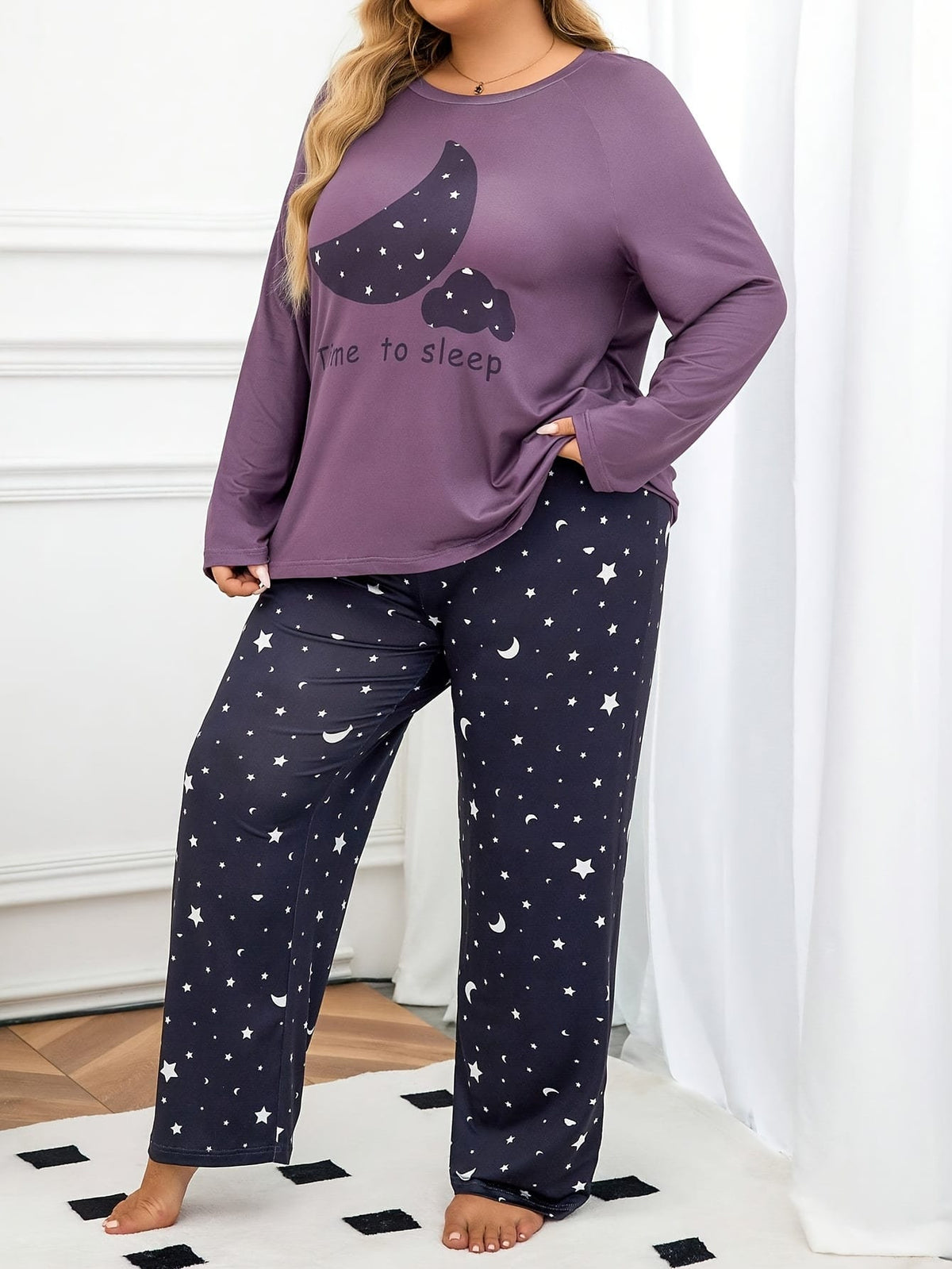 jkthpu-45 Comfortable Plus Size Cartoon Print Pajamas, Purple Top