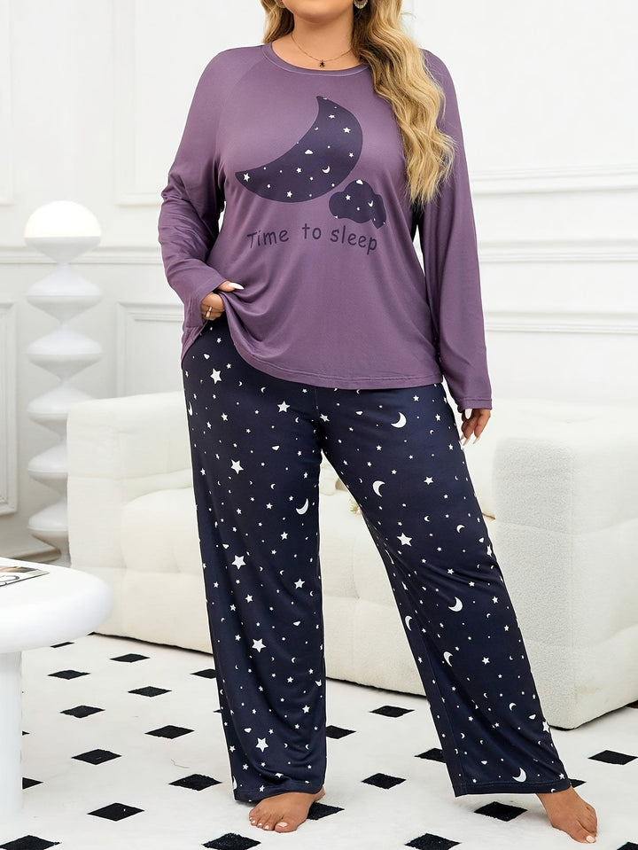 Comfortable Plus Size Cartoon Print Pajamas, Purple Top