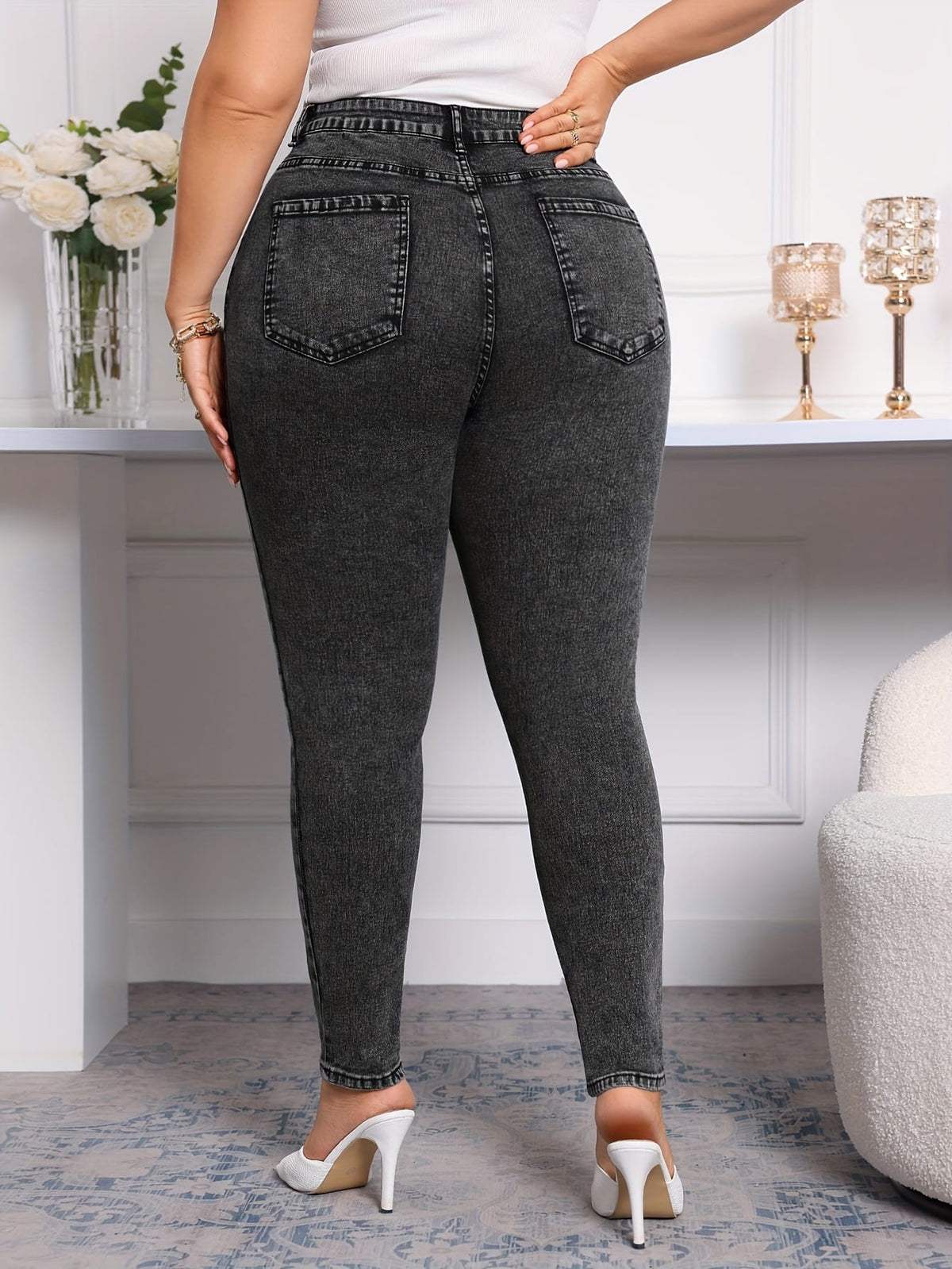 jkthpu-45 Comfy Oversized Womens Elastic Waist Jeans