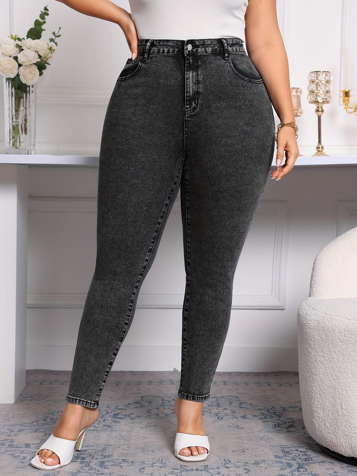 jkthpu-45 Comfy Oversized Womens Elastic Waist Jeans