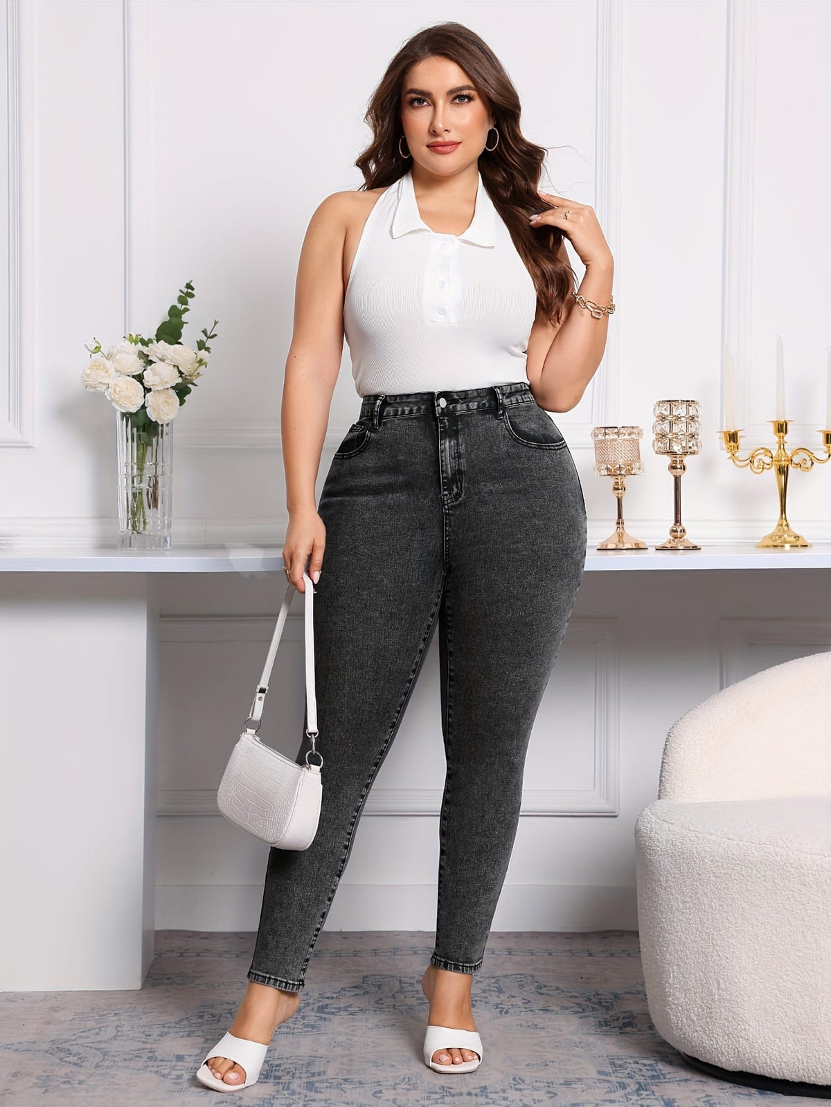 jkthpu-45 Comfy Oversized Womens Elastic Waist Jeans