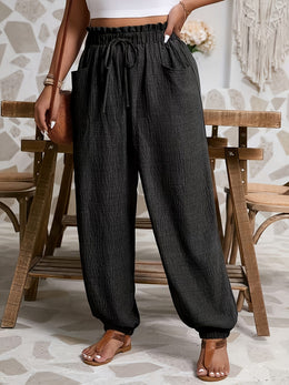 jkthpu-45 Comfy Plus Size Ruffle TieWaist Pocket Pants