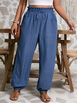 jkthpu-45 Comfy Plus Size Ruffle TieWaist Pocket Pants