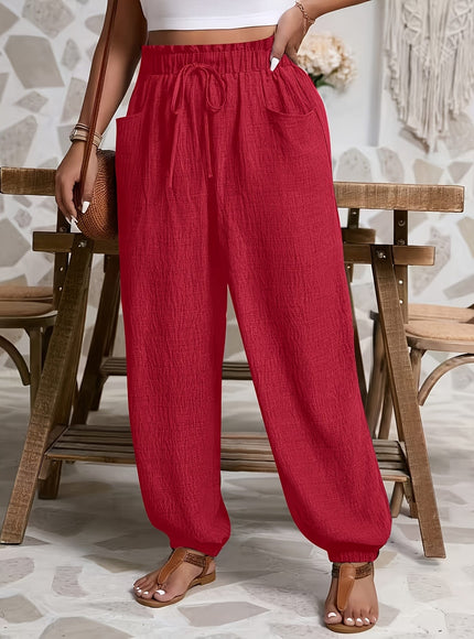jkthpu-45 Comfy Plus Size Ruffle TieWaist Pocket Pants