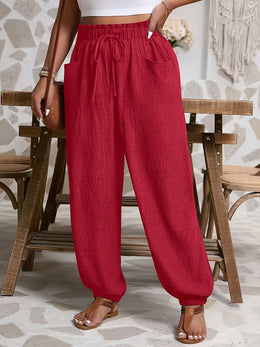 jkthpu-45 Comfy Plus Size Ruffle TieWaist Pocket Pants