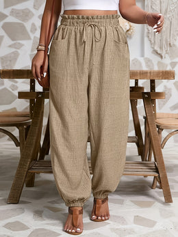 jkthpu-45 Comfy Plus Size Ruffle TieWaist Pocket Pants