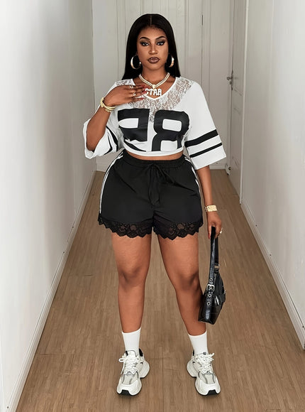 jkthpu-45 Comfy Plus Size Shorts Lace Bow Side Stripes
