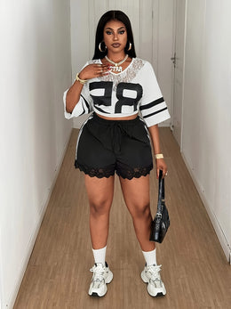 jkthpu-45 Comfy Plus Size Shorts Lace Bow Side Stripes