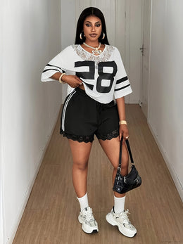jkthpu-45 Comfy Plus Size Shorts Lace Bow Side Stripes