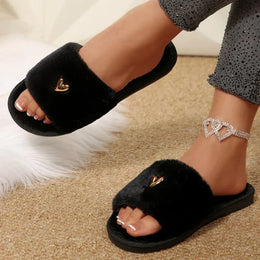 KissICON Concise Heart Detor Fur Slippers Women Winter Soft