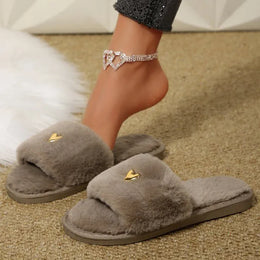 KissICON Concise Heart Detor Fur Slippers Women Winter Soft