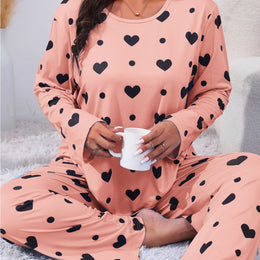jkthpu-45 Coral Pink / UK 18 Plus Size Cozy Heart Print Pajama Set -