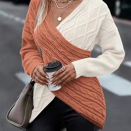 jkthpu-45 Coral / UK 16 Plus Size Twist Front Colorblock VNeck Sweater
