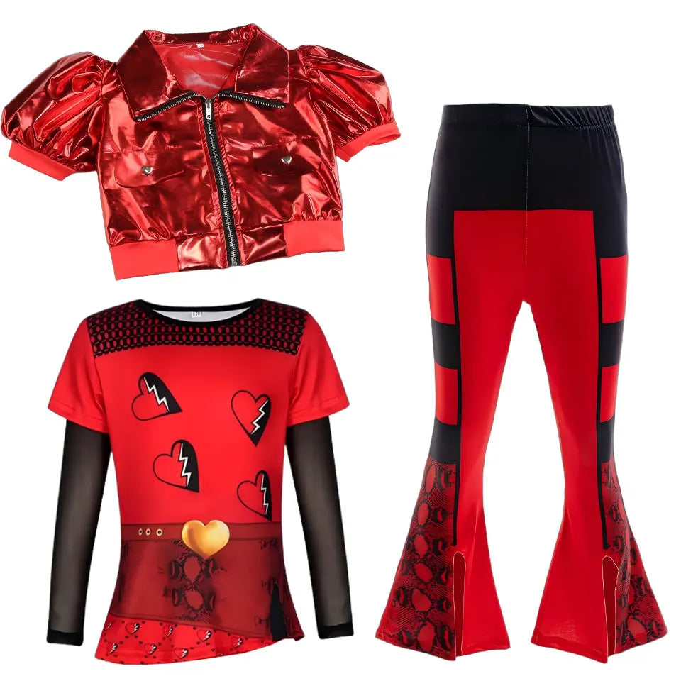 KissICON Costume 02 / 11-12T(TAG 160) 2026 Movie Descendant Red Role Playing Costume 3PCS Suit Coat+Dress+Flared Pants Halloween Girls The Rising of Red Clothing Set
