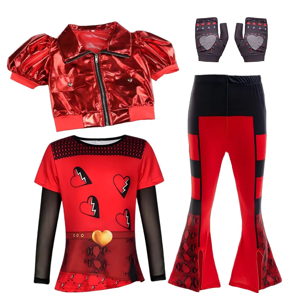 KissICON Costume 03 / 11-12T(TAG 160) 2026 Movie Descendant Red Role Playing Costume 3PCS Suit Coat+Dress+Flared Pants Halloween Girls The Rising of Red Clothing Set