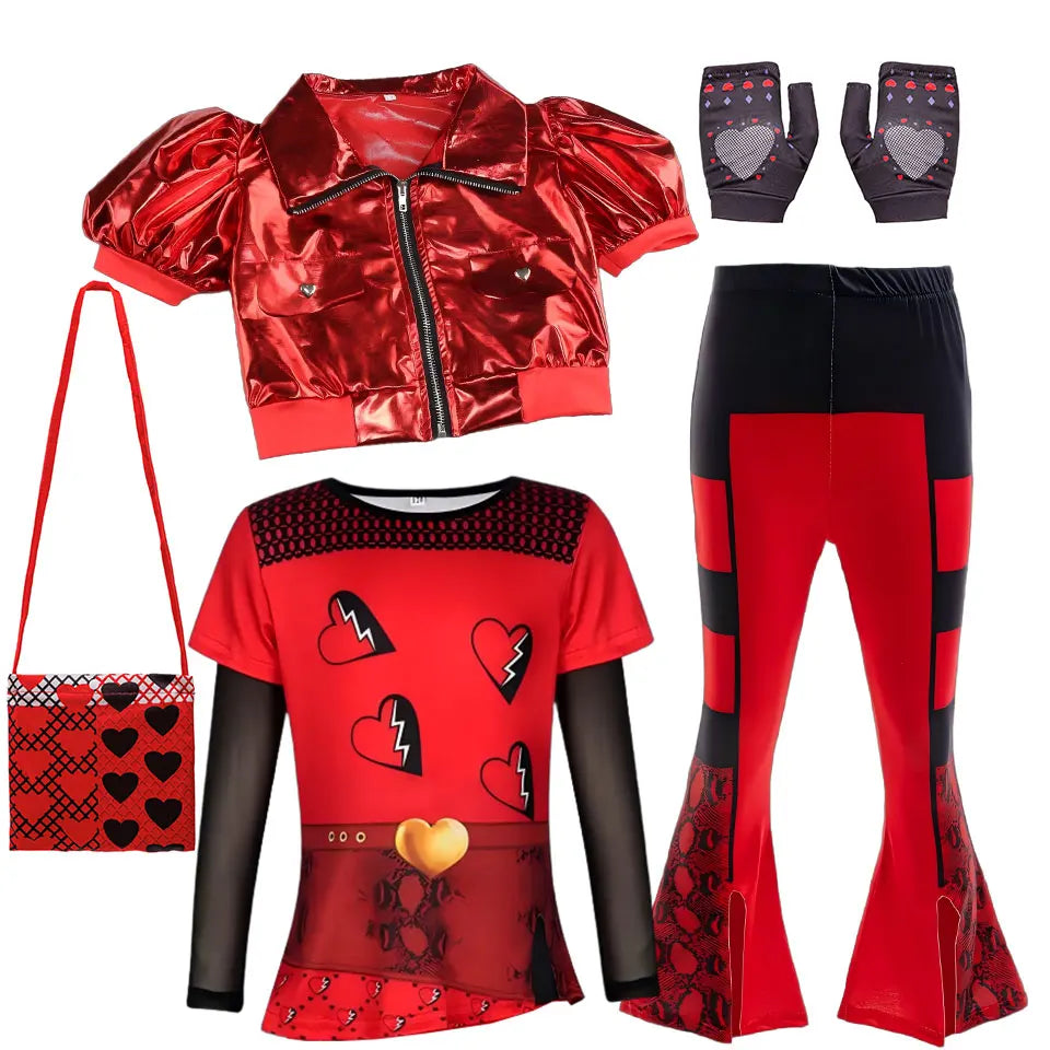 KissICON Costume 04 / 11-12T(TAG 160) 2026 Movie Descendant Red Role Playing Costume 3PCS Suit Coat+Dress+Flared Pants Halloween Girls The Rising of Red Clothing Set