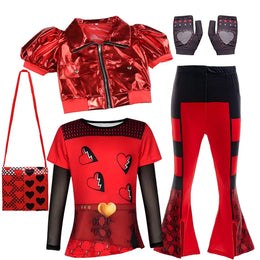 KissICON Costume 04 / 11-12T(TAG 160) 2026 Movie Descendant Red Role Playing Costume 3PCS Suit Coat+Dress+Flared Pants Halloween Girls The Rising of Red Clothing Set