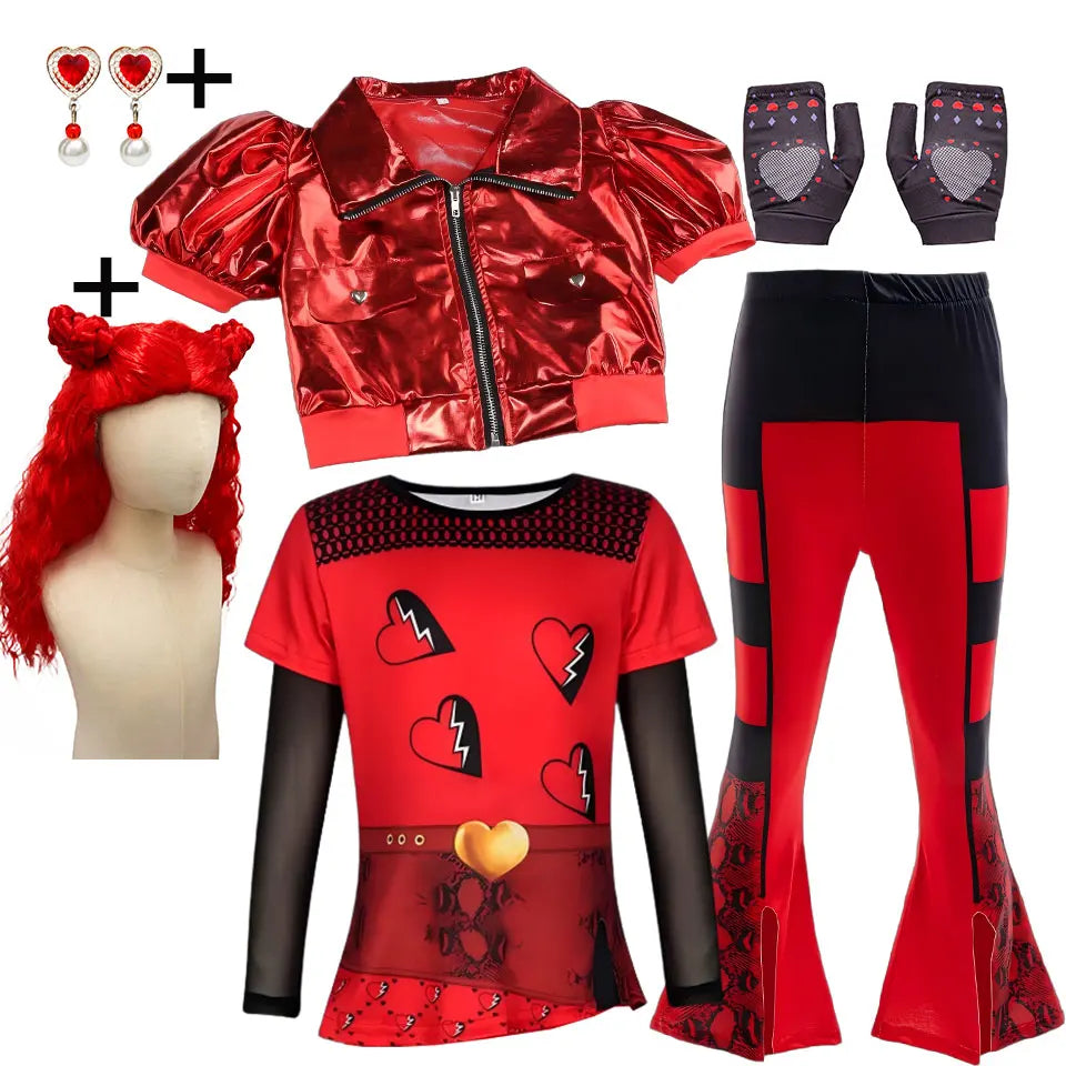 KissICON Costume 05 / 11-12T(TAG 160) 2026 Movie Descendant Red Role Playing Costume 3PCS Suit Coat+Dress+Flared Pants Halloween Girls The Rising of Red Clothing Set