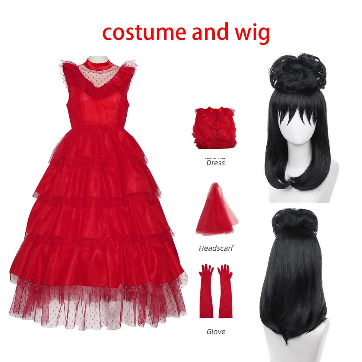 KissICON costume and wig / S Lydia Deetz Costume with Gloves Scarf Lydia Women Wedding Dress Gothic Red Gown Halloween Outfits with Veil Beetle Bride Cosplay