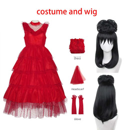 KissICON costume and wig / S Lydia Deetz Costume with Gloves Scarf Lydia Women Wedding Dress Gothic Red Gown Halloween Outfits with Veil Beetle Bride Cosplay