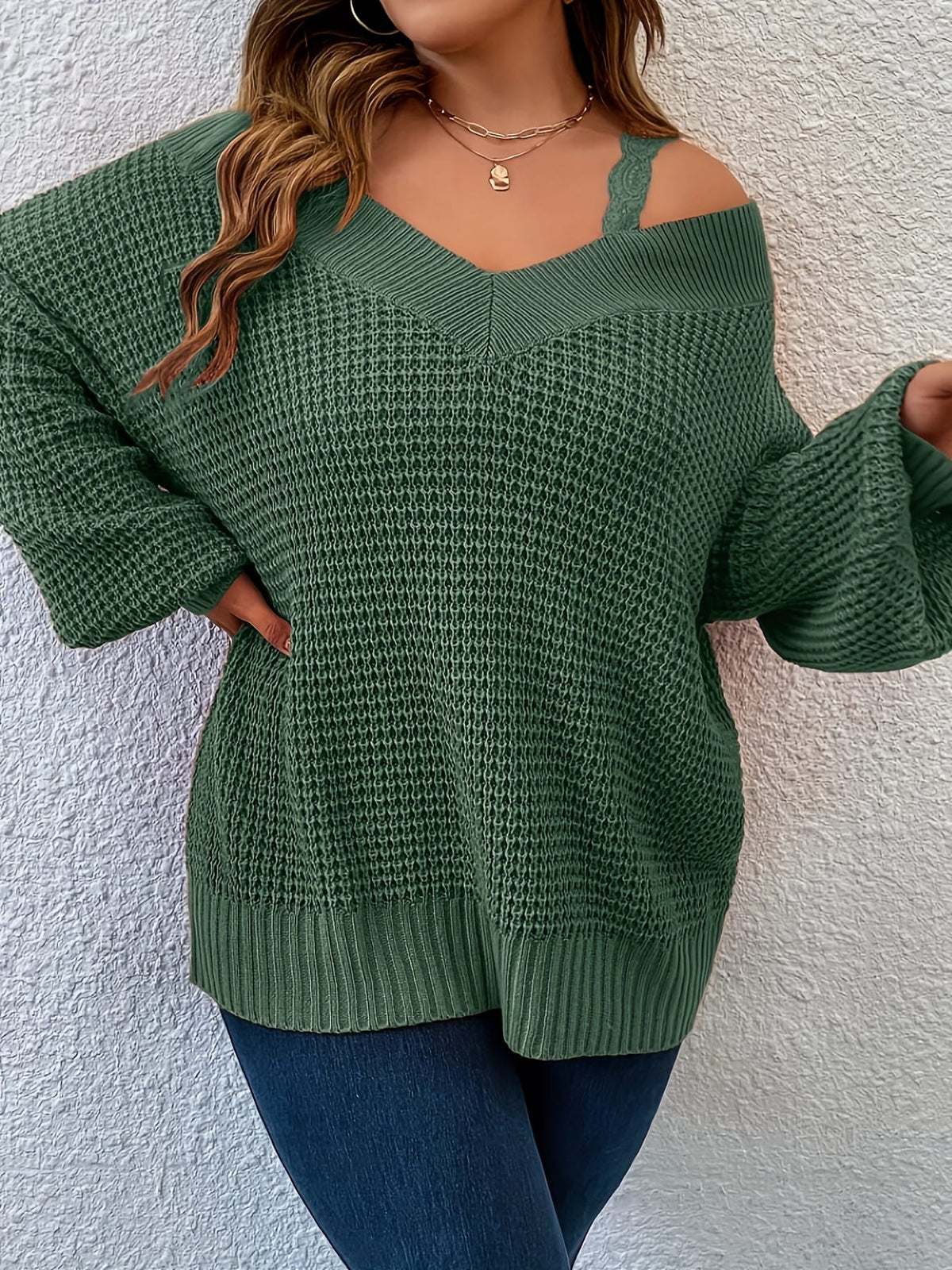 jkthpu-45 Cozy Beige OffShoulder VNeck Knit Sweater