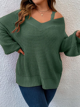 jkthpu-45 Cozy Beige OffShoulder VNeck Knit Sweater