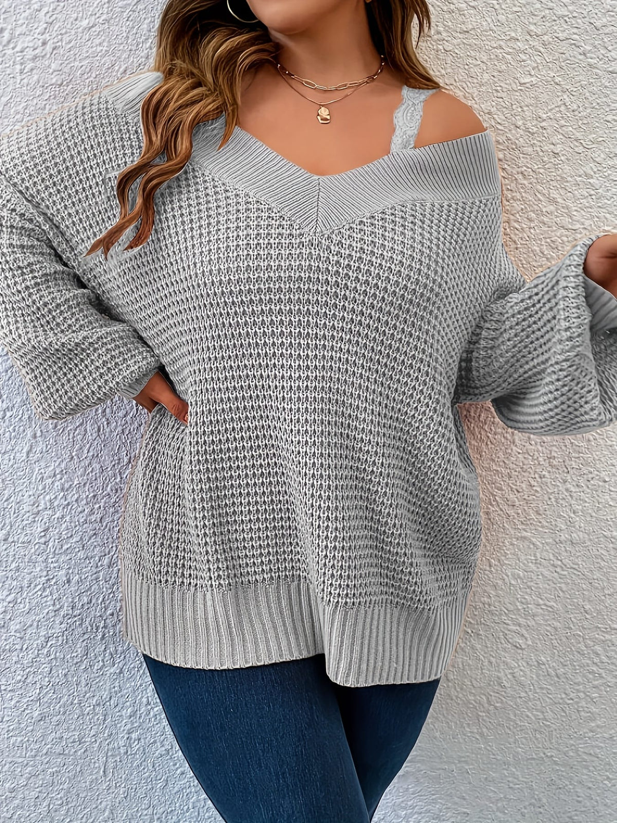 jkthpu-45 Cozy Beige OffShoulder VNeck Knit Sweater