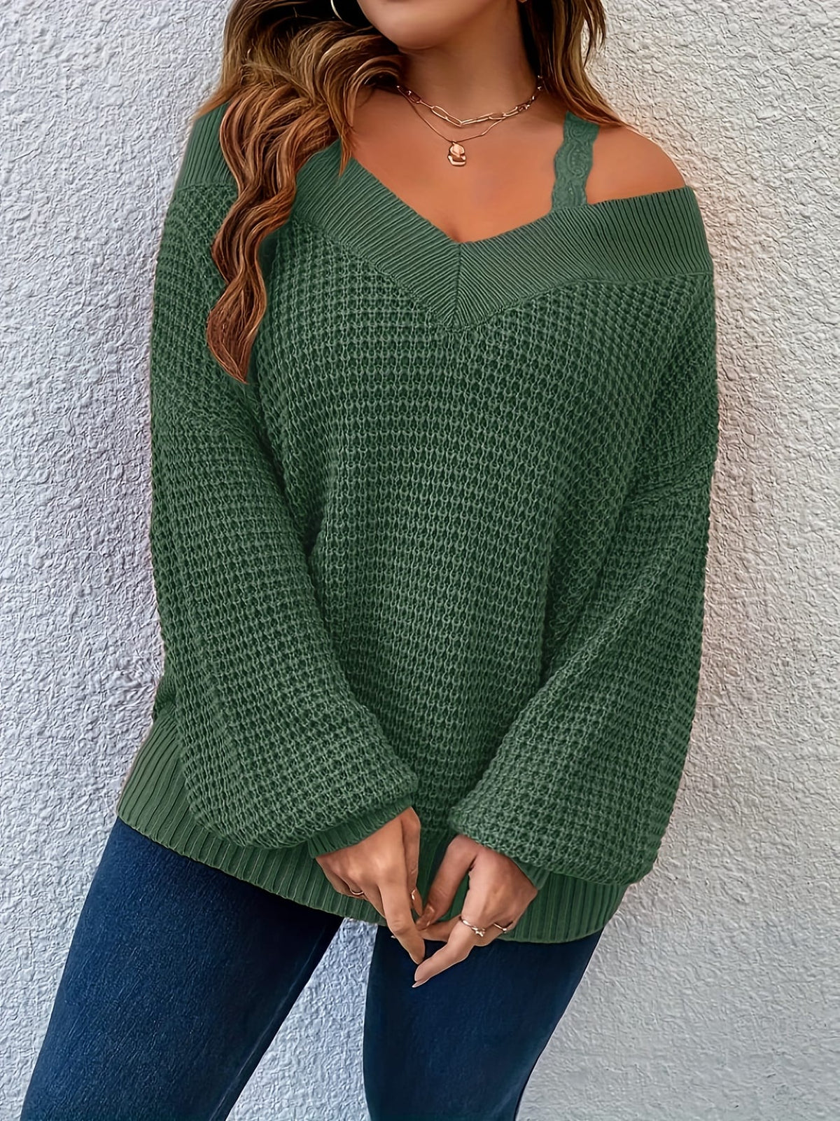 jkthpu-45 Cozy Beige OffShoulder VNeck Knit Sweater
