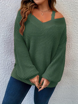 jkthpu-45 Cozy Beige OffShoulder VNeck Knit Sweater