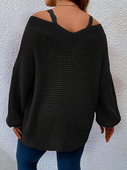 jkthpu-45 Cozy Beige OffShoulder VNeck Knit Sweater