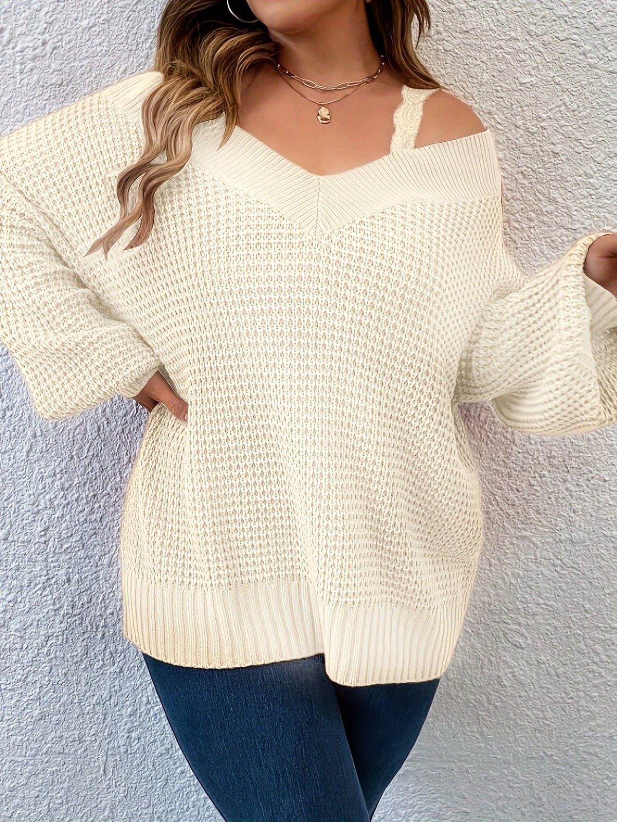 jkthpu-45 Cozy Beige OffShoulder VNeck Knit Sweater