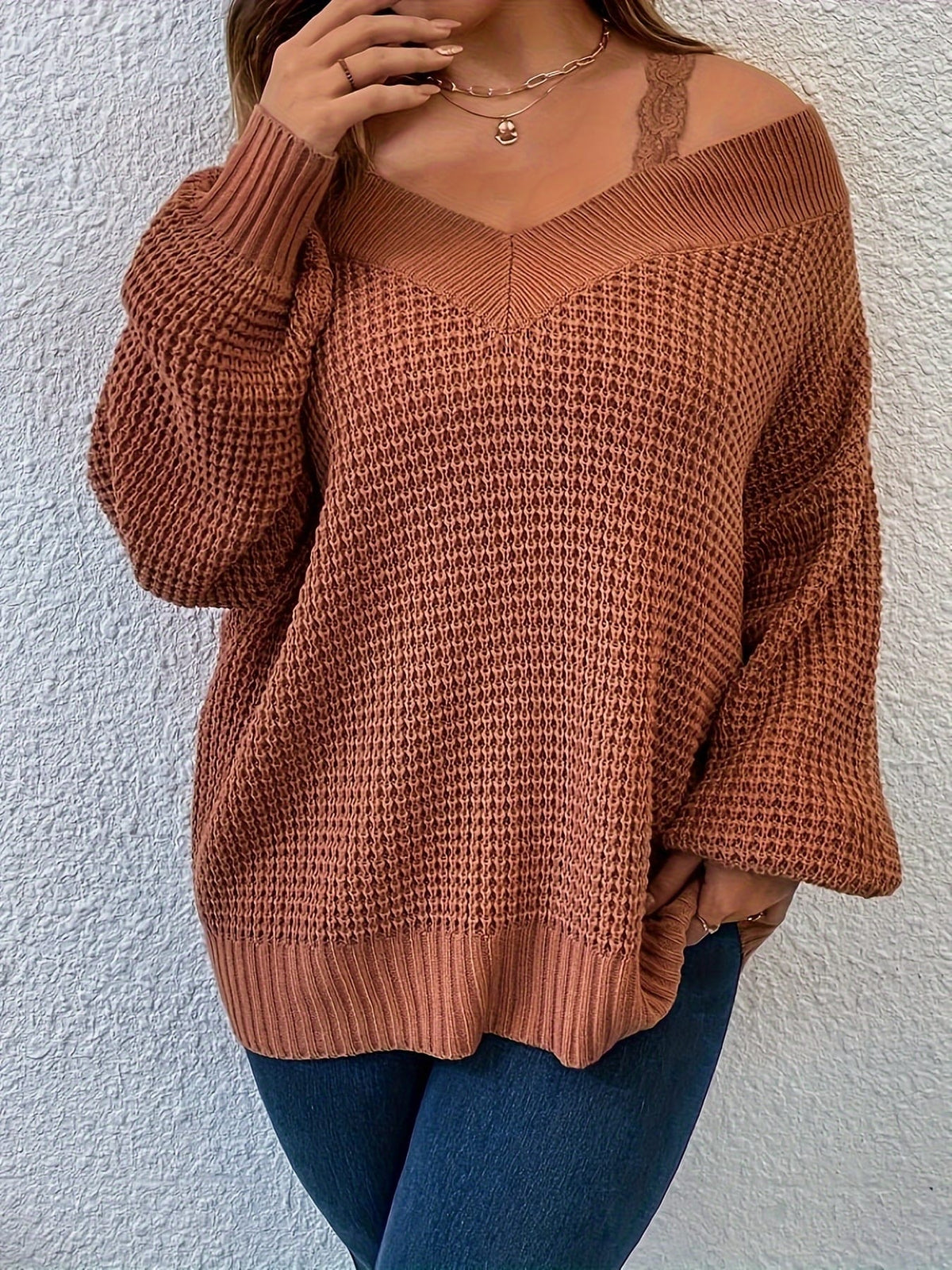 jkthpu-45 Cozy Beige VNeck OffShoulder Knit Sweater for Women