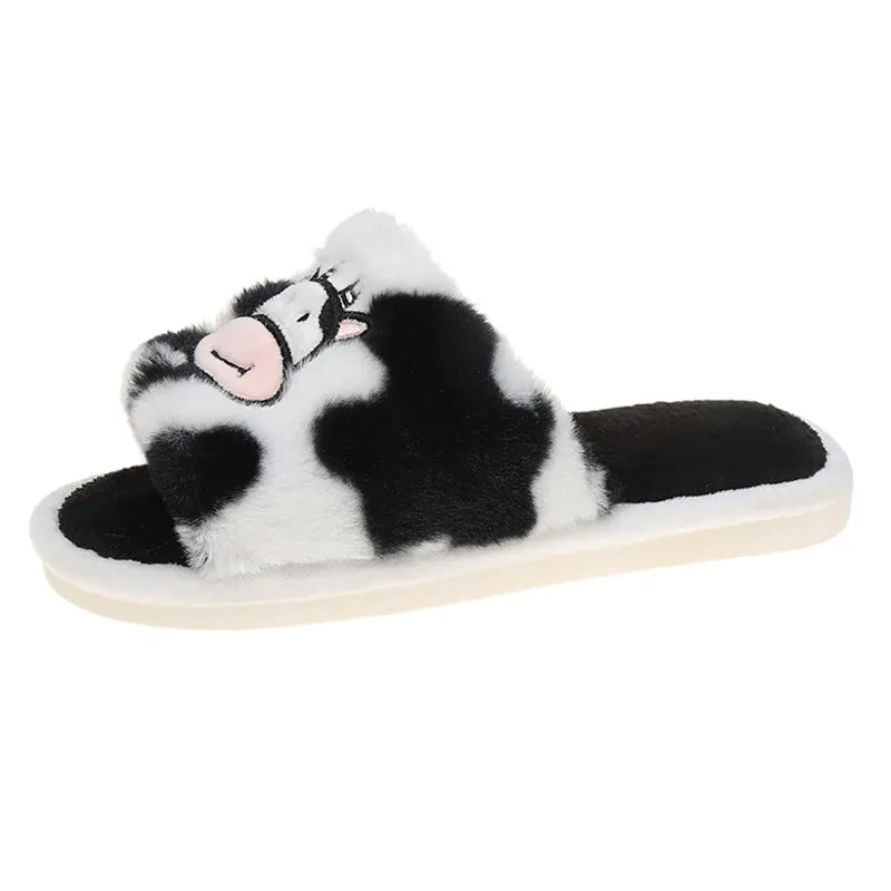 KissICON Cozy Cartoon Cow Slippers for Women Winter Flat