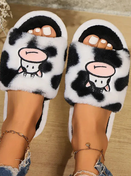 KissICON Cozy Cartoon Cow Slippers for Women Winter Flat