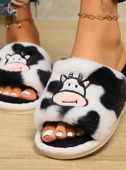 KissICON Cozy Cartoon Cow Slippers for Women Winter Flat