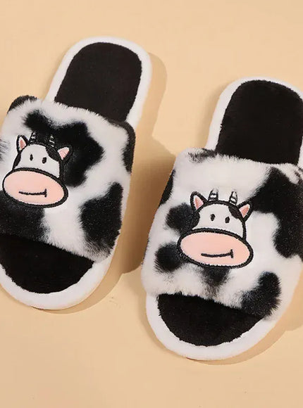 KissICON Cozy Cartoon Cow Slippers for Women Winter Flat