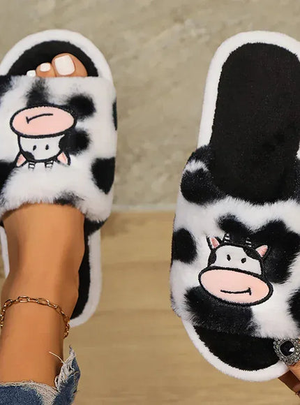 KissICON Cozy Cartoon Cow Slippers for Women Winter Flat