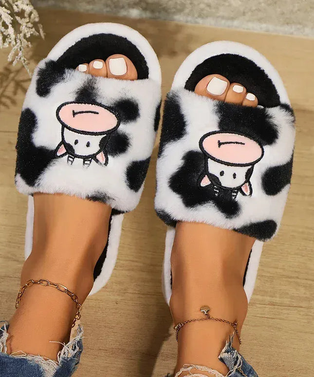 KissICON Cozy Cartoon Cow Slippers for Women Winter Flat