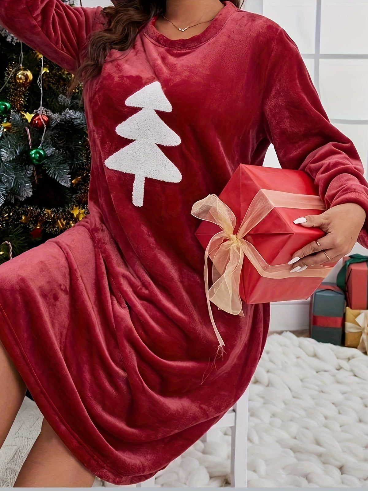 KissICON Cozy Christmas Tree Plush Curve Sleep Dress