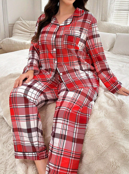 KissICON Cozy Curve Red Brown Plaid Loungewear Set